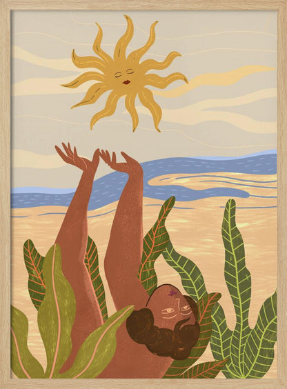An art print titled 'Sun Worship' depicting a stylized sun, possibly with abstract or spiritual elements, in warm tones. Decor