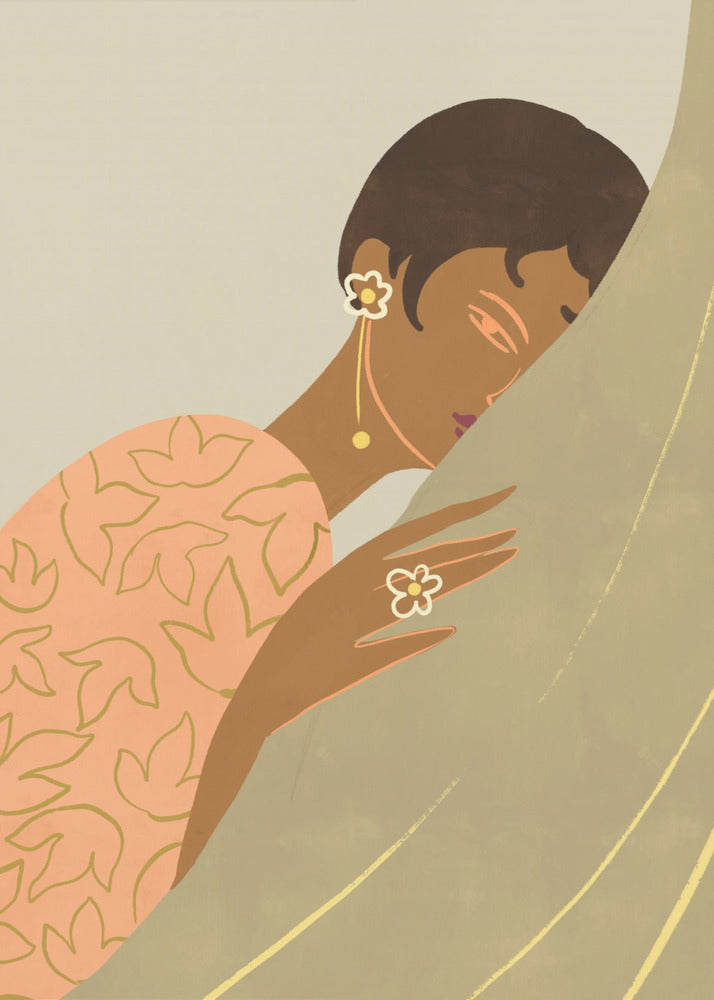 An Art Deco style illustration of a woman with dark skin and short hair, wearing a peach-colored patterned dress and flower-shaped jewelry. She is shown in profile, leaning her head against a muted green curtain with a serene expression. Print