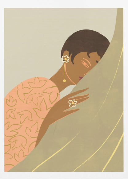 An Art Deco style illustration of a woman with dark skin and short hair, wearing a peach-colored patterned dress and flower-shaped jewelry. She is shown in profile, leaning her head against a muted green curtain with a serene expression. Print
