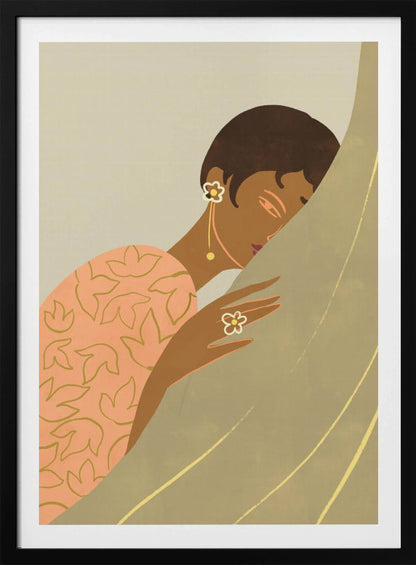 An Art Deco style illustration of a woman with dark skin and short hair, wearing a peach-colored patterned dress and flower-shaped jewelry. She is shown in profile, leaning her head against a muted green curtain with a serene expression. Print