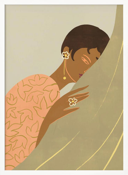 An Art Deco style illustration of a woman with dark skin and short hair, wearing a peach-colored patterned dress and flower-shaped jewelry. She is shown in profile, leaning her head against a muted green curtain with a serene expression. Print