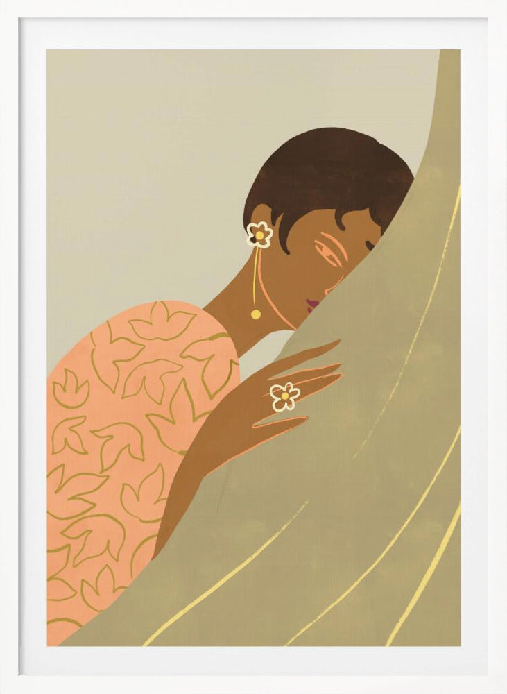An Art Deco style illustration of a woman with dark skin and short hair, wearing a peach-colored patterned dress and flower-shaped jewelry. She is shown in profile, leaning her head against a muted green curtain with a serene expression. Print