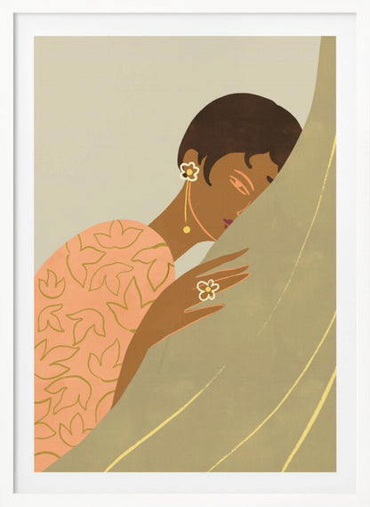 An Art Deco style illustration of a woman with dark skin and short hair, wearing a peach-colored patterned dress and flower-shaped jewelry. She is shown in profile, leaning her head against a muted green curtain with a serene expression. Print