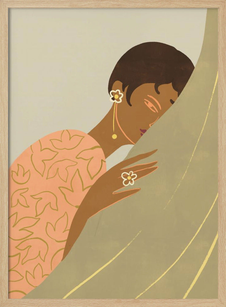 An Art Deco style illustration of a woman with dark skin and short hair, wearing a peach-colored patterned dress and flower-shaped jewelry. She is shown in profile, leaning her head against a muted green curtain with a serene expression. Print
