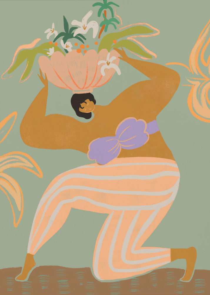 A stylized illustration of a woman kneeling against a sage green background. She has tan skin, black hair, and wears orange and white striped pants with a lavender bikini top. She holds a large pink bowl filled with white flowers and green tropical leaves on her head. Wall Art