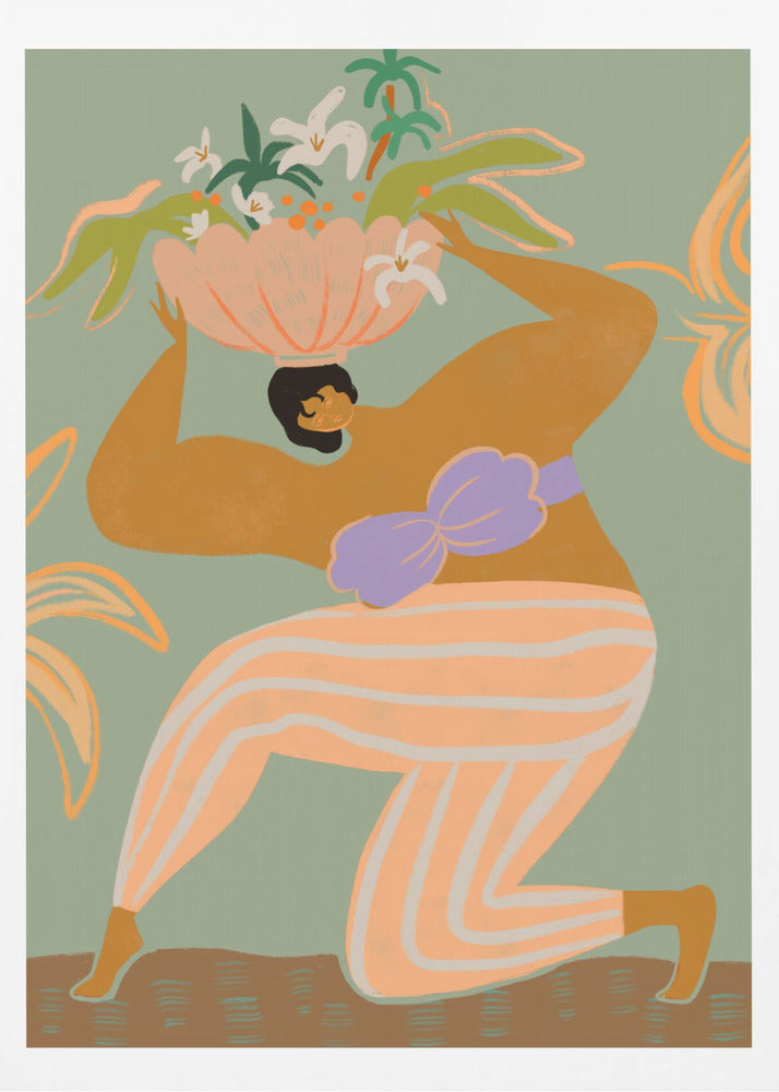 A stylized illustration of a woman kneeling against a sage green background. She has tan skin, black hair, and wears orange and white striped pants with a lavender bikini top. She holds a large pink bowl filled with white flowers and green tropical leaves on her head. Wall Art