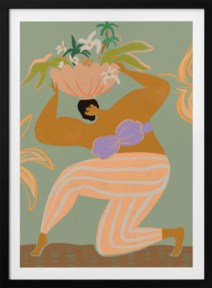 A stylized illustration of a woman kneeling against a sage green background. She has tan skin, black hair, and wears orange and white striped pants with a lavender bikini top. She holds a large pink bowl filled with white flowers and green tropical leaves on her head. Wall Art