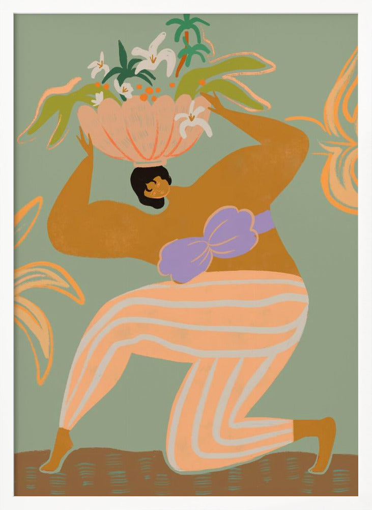 A stylized illustration of a woman kneeling against a sage green background. She has tan skin, black hair, and wears orange and white striped pants with a lavender bikini top. She holds a large pink bowl filled with white flowers and green tropical leaves on her head. Wall Art