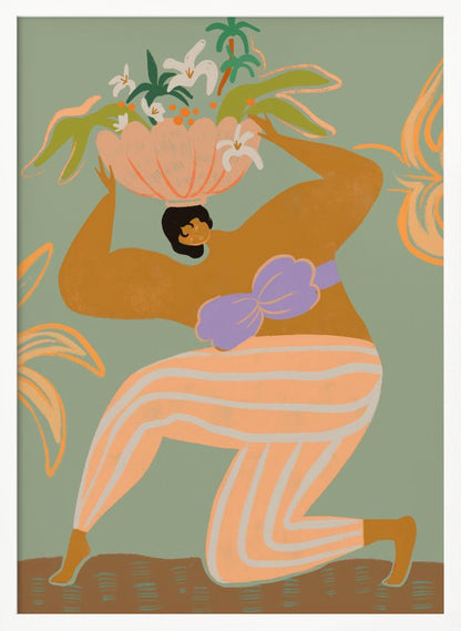 A stylized illustration of a woman kneeling against a sage green background. She has tan skin, black hair, and wears orange and white striped pants with a lavender bikini top. She holds a large pink bowl filled with white flowers and green tropical leaves on her head. Wall Art