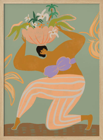 A stylized illustration of a woman kneeling against a sage green background. She has tan skin, black hair, and wears orange and white striped pants with a lavender bikini top. She holds a large pink bowl filled with white flowers and green tropical leaves on her head. Wall Art