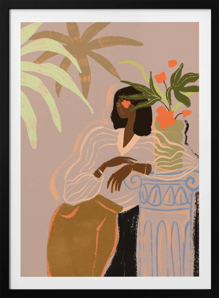 A stylized illustration of a Black woman with an orange flower over one eye, wearing a sheer white blouse and brown skirt, leaning against a classical column holding a vase of flowers, surrounded by tropical leaves against a muted pink background. Print