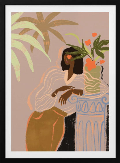 A stylized illustration of a Black woman with an orange flower over one eye, wearing a sheer white blouse and brown skirt, leaning against a classical column holding a vase of flowers, surrounded by tropical leaves against a muted pink background. Print