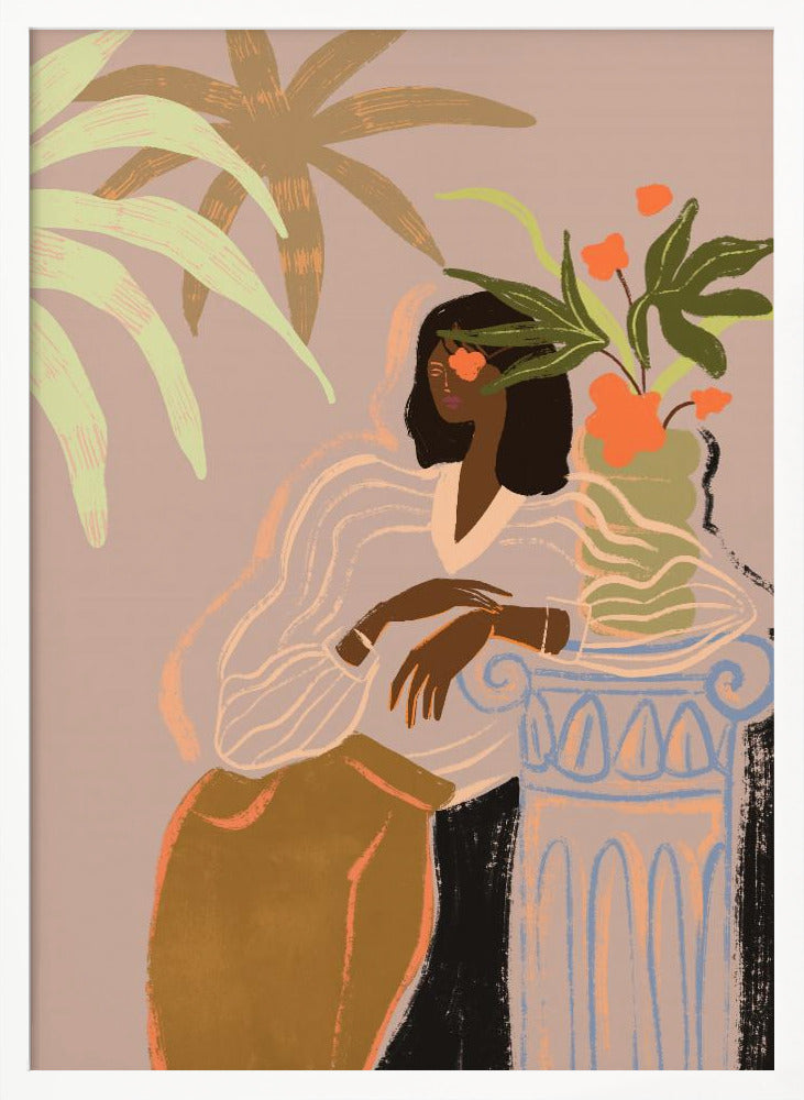 A stylized illustration of a Black woman with an orange flower over one eye, wearing a sheer white blouse and brown skirt, leaning against a classical column holding a vase of flowers, surrounded by tropical leaves against a muted pink background. Print
