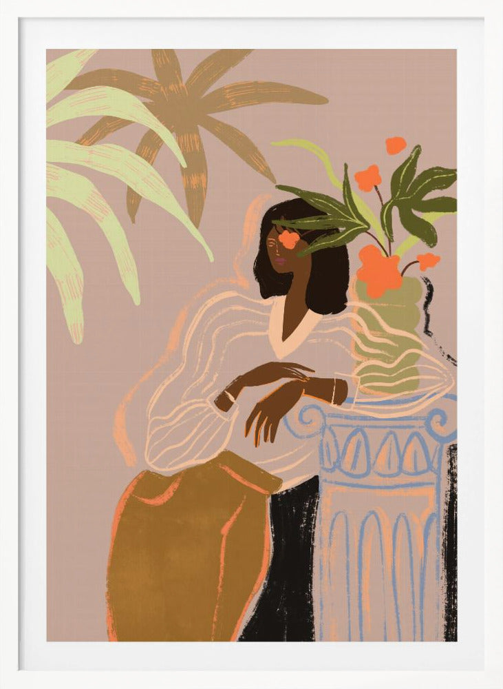 A stylized illustration of a Black woman with an orange flower over one eye, wearing a sheer white blouse and brown skirt, leaning against a classical column holding a vase of flowers, surrounded by tropical leaves against a muted pink background. Print