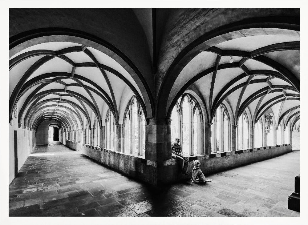 A black and white photograph of a person and their dog sitting in the corner of a Gothic cloister. The stone hallway features a dramatic vaulted ceiling and a long row of arched windows, creating a powerful sense of perspective and light. Decor
