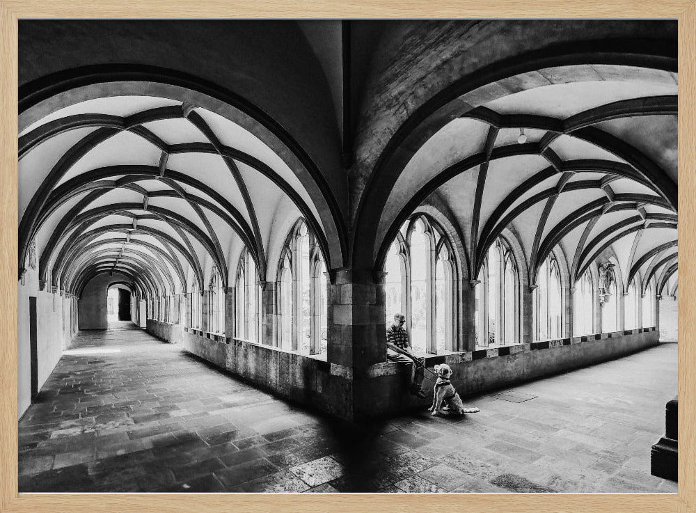 A black and white photograph of a person and their dog sitting in the corner of a Gothic cloister. The stone hallway features a dramatic vaulted ceiling and a long row of arched windows, creating a powerful sense of perspective and light. Decor