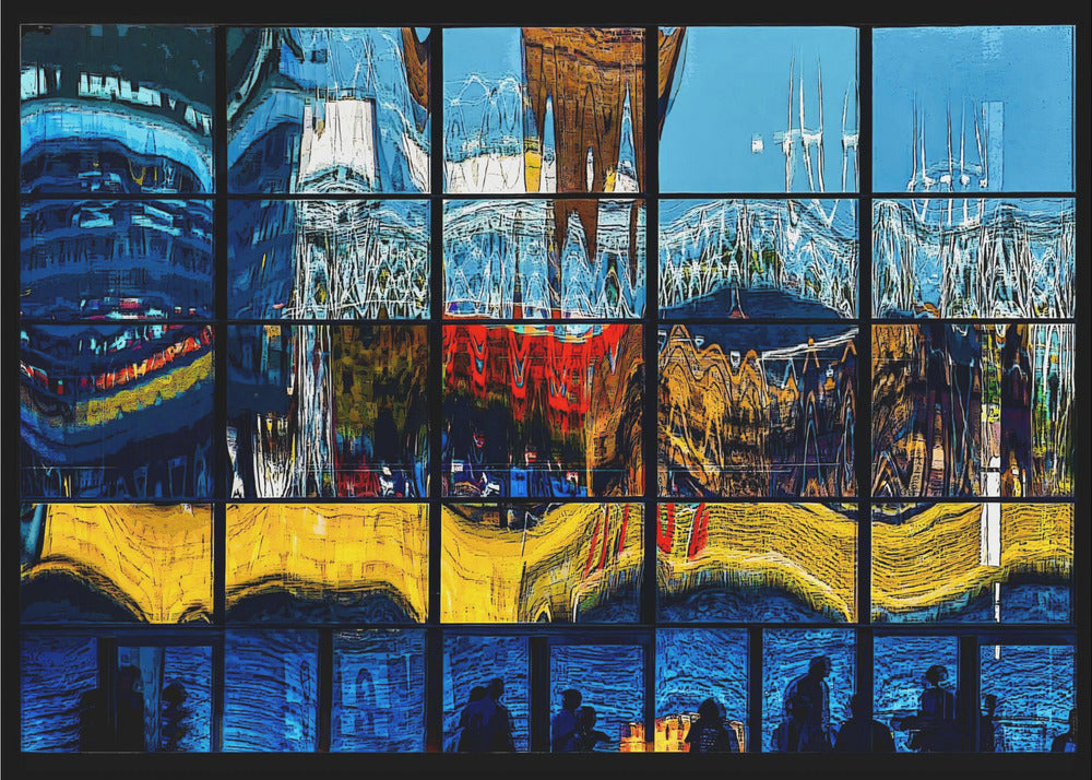 A framed abstract artwork composed of a grid of window panes, each displaying a distorted, colorful reflection of a cityscape. The top sections are dominated by blues and whites, the middle by reds and golds, the next by vibrant yellows, and the bottom row shows silhouettes of people against a deep blue background. Poster