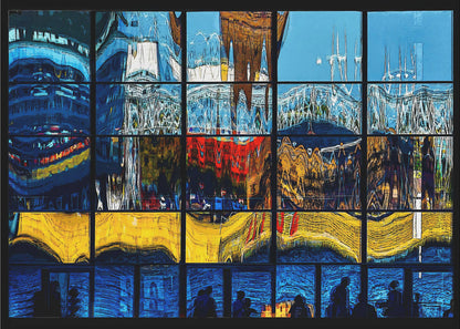 A framed abstract artwork composed of a grid of window panes, each displaying a distorted, colorful reflection of a cityscape. The top sections are dominated by blues and whites, the middle by reds and golds, the next by vibrant yellows, and the bottom row shows silhouettes of people against a deep blue background. Poster