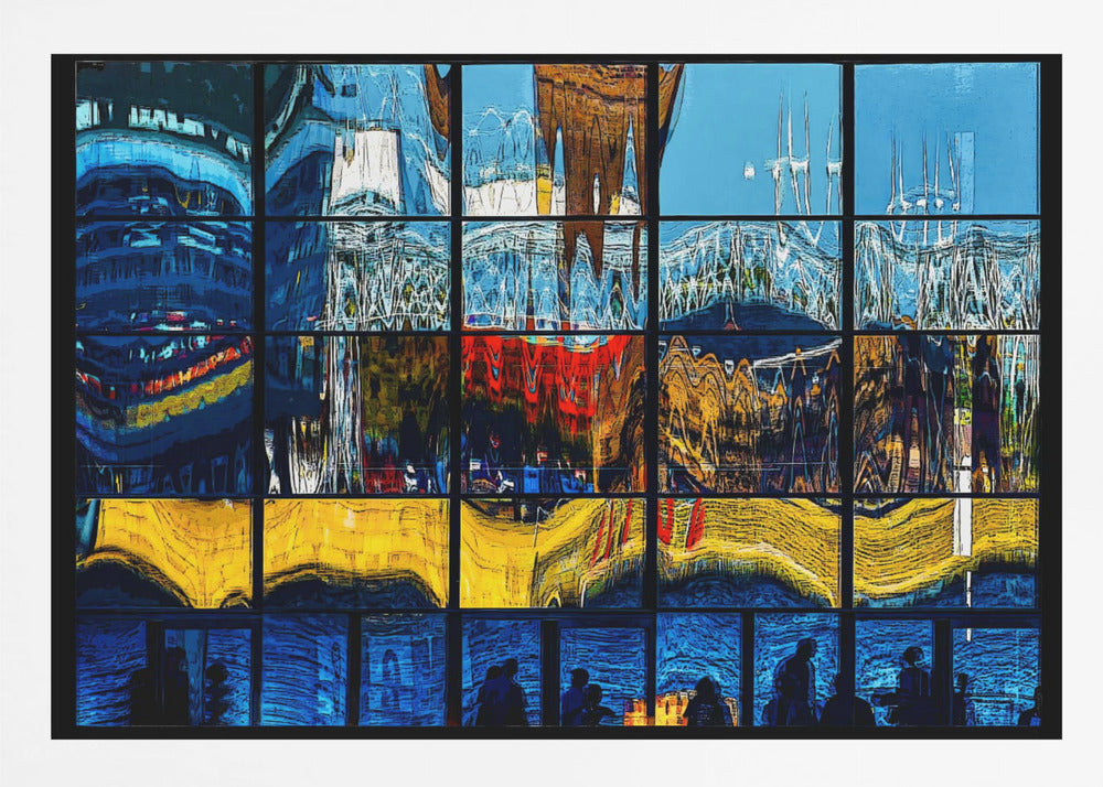 A framed abstract artwork composed of a grid of window panes, each displaying a distorted, colorful reflection of a cityscape. The top sections are dominated by blues and whites, the middle by reds and golds, the next by vibrant yellows, and the bottom row shows silhouettes of people against a deep blue background. Poster