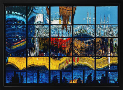 A framed abstract artwork composed of a grid of window panes, each displaying a distorted, colorful reflection of a cityscape. The top sections are dominated by blues and whites, the middle by reds and golds, the next by vibrant yellows, and the bottom row shows silhouettes of people against a deep blue background. Poster