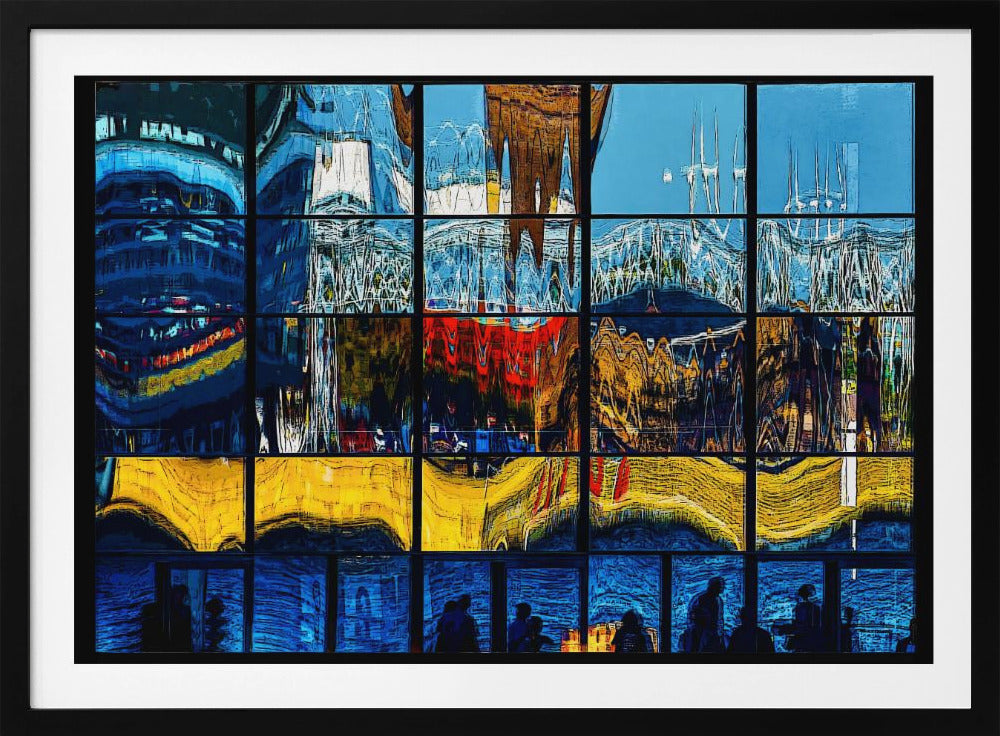A framed abstract artwork composed of a grid of window panes, each displaying a distorted, colorful reflection of a cityscape. The top sections are dominated by blues and whites, the middle by reds and golds, the next by vibrant yellows, and the bottom row shows silhouettes of people against a deep blue background. Poster
