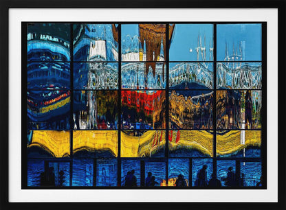 A framed abstract artwork composed of a grid of window panes, each displaying a distorted, colorful reflection of a cityscape. The top sections are dominated by blues and whites, the middle by reds and golds, the next by vibrant yellows, and the bottom row shows silhouettes of people against a deep blue background. Poster