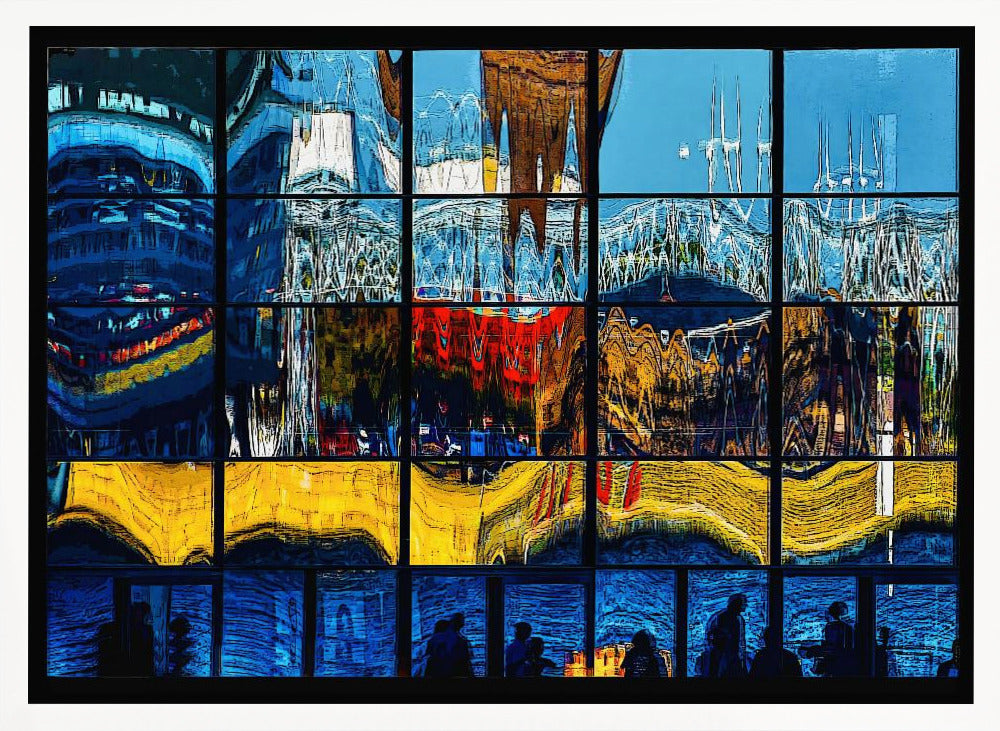 A framed abstract artwork composed of a grid of window panes, each displaying a distorted, colorful reflection of a cityscape. The top sections are dominated by blues and whites, the middle by reds and golds, the next by vibrant yellows, and the bottom row shows silhouettes of people against a deep blue background. Poster