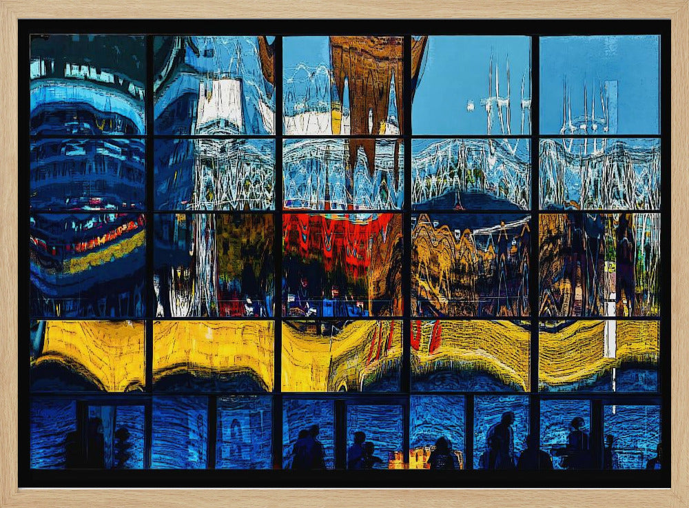 A framed abstract artwork composed of a grid of window panes, each displaying a distorted, colorful reflection of a cityscape. The top sections are dominated by blues and whites, the middle by reds and golds, the next by vibrant yellows, and the bottom row shows silhouettes of people against a deep blue background. Poster