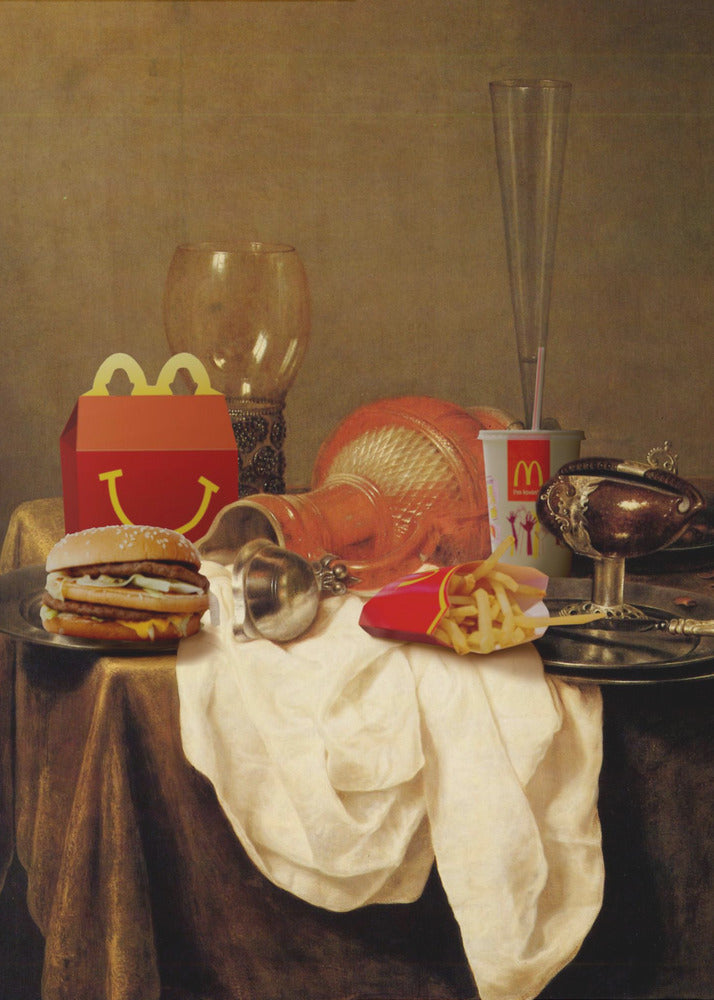 A parody artwork depicting a classical Baroque-style still life painting where traditional objects are replaced with McDonald's fast food. On a draped table sits a Big Mac, a Happy Meal box, french fries, and a soda, alongside ornate glassware and goblets. Wall Art