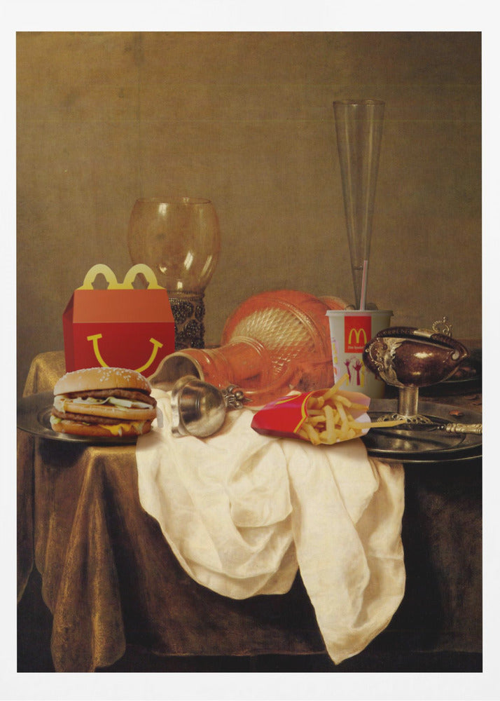 A parody artwork depicting a classical Baroque-style still life painting where traditional objects are replaced with McDonald's fast food. On a draped table sits a Big Mac, a Happy Meal box, french fries, and a soda, alongside ornate glassware and goblets. Wall Art