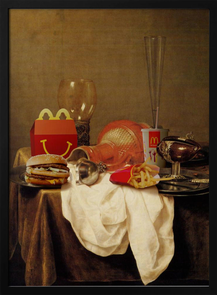 A parody artwork depicting a classical Baroque-style still life painting where traditional objects are replaced with McDonald's fast food. On a draped table sits a Big Mac, a Happy Meal box, french fries, and a soda, alongside ornate glassware and goblets. Wall Art