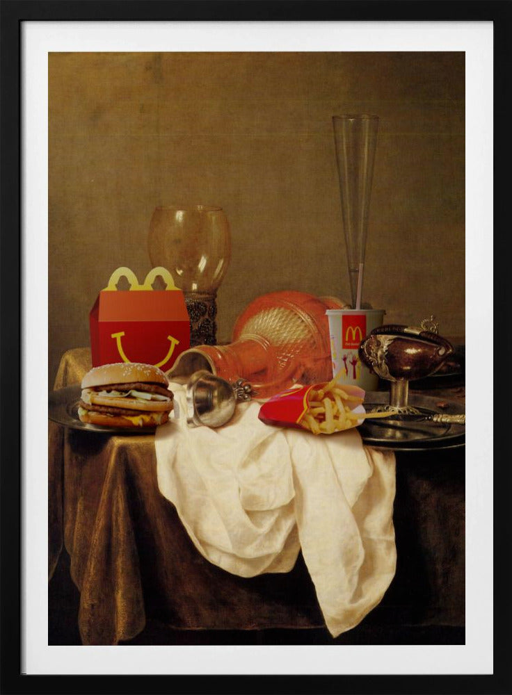 A parody artwork depicting a classical Baroque-style still life painting where traditional objects are replaced with McDonald's fast food. On a draped table sits a Big Mac, a Happy Meal box, french fries, and a soda, alongside ornate glassware and goblets. Wall Art