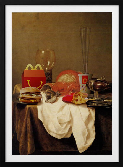 A parody artwork depicting a classical Baroque-style still life painting where traditional objects are replaced with McDonald's fast food. On a draped table sits a Big Mac, a Happy Meal box, french fries, and a soda, alongside ornate glassware and goblets. Wall Art