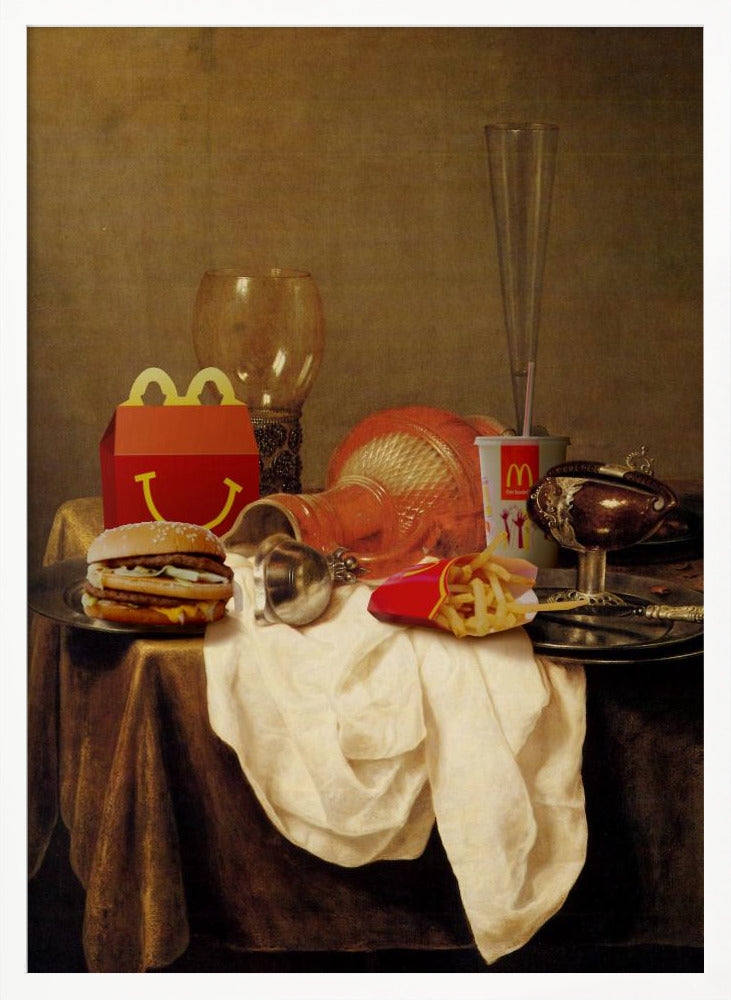 A parody artwork depicting a classical Baroque-style still life painting where traditional objects are replaced with McDonald's fast food. On a draped table sits a Big Mac, a Happy Meal box, french fries, and a soda, alongside ornate glassware and goblets. Wall Art