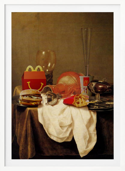 A parody artwork depicting a classical Baroque-style still life painting where traditional objects are replaced with McDonald's fast food. On a draped table sits a Big Mac, a Happy Meal box, french fries, and a soda, alongside ornate glassware and goblets. Wall Art