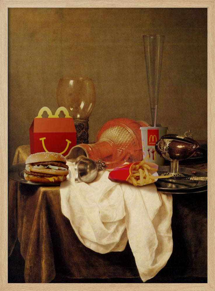 A parody artwork depicting a classical Baroque-style still life painting where traditional objects are replaced with McDonald's fast food. On a draped table sits a Big Mac, a Happy Meal box, french fries, and a soda, alongside ornate glassware and goblets. Wall Art