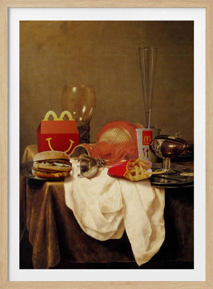 A parody artwork depicting a classical Baroque-style still life painting where traditional objects are replaced with McDonald's fast food. On a draped table sits a Big Mac, a Happy Meal box, french fries, and a soda, alongside ornate glassware and goblets. Wall Art