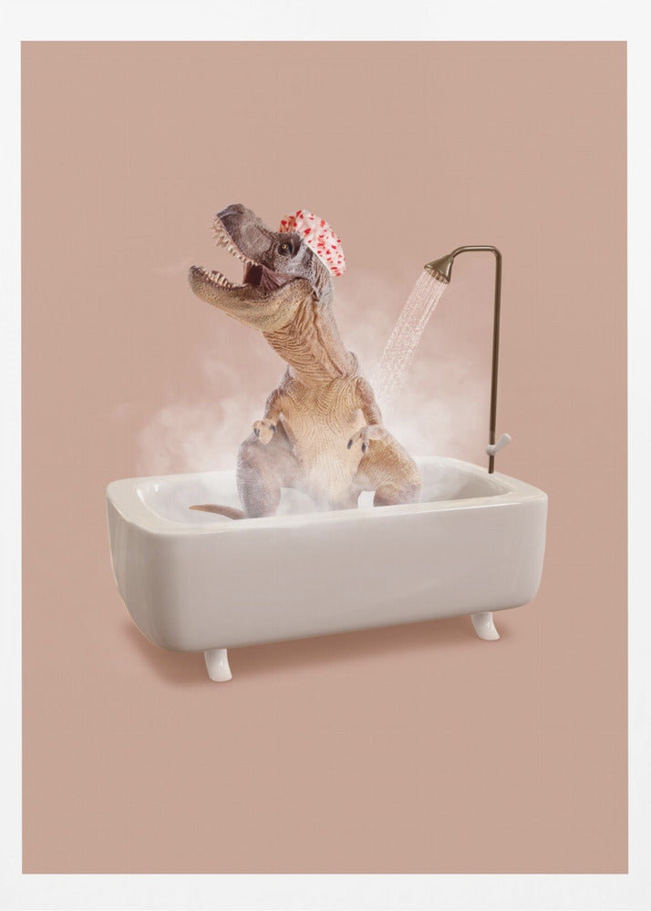 A humorous image of a Tyrannosaurus Rex wearing a red and white shower cap while taking a shower in a small white bathtub. The dinosaur has its head tilted back with its mouth open, enjoying the water, and is surrounded by steam against a dusty pink background. Print