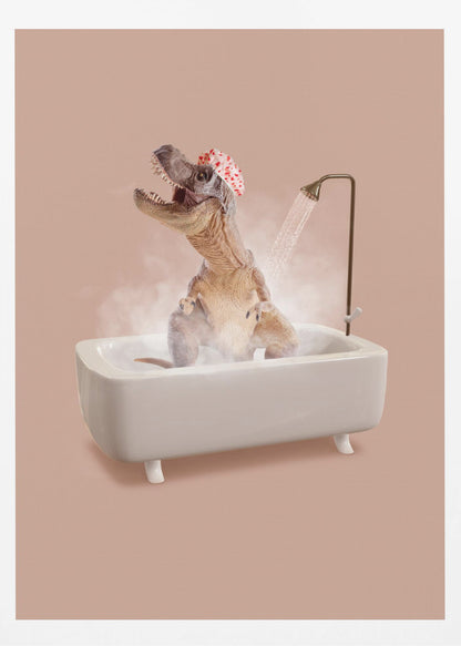 A humorous image of a Tyrannosaurus Rex wearing a red and white shower cap while taking a shower in a small white bathtub. The dinosaur has its head tilted back with its mouth open, enjoying the water, and is surrounded by steam against a dusty pink background. Print