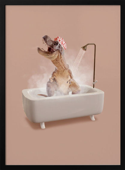 A humorous image of a Tyrannosaurus Rex wearing a red and white shower cap while taking a shower in a small white bathtub. The dinosaur has its head tilted back with its mouth open, enjoying the water, and is surrounded by steam against a dusty pink background. Print