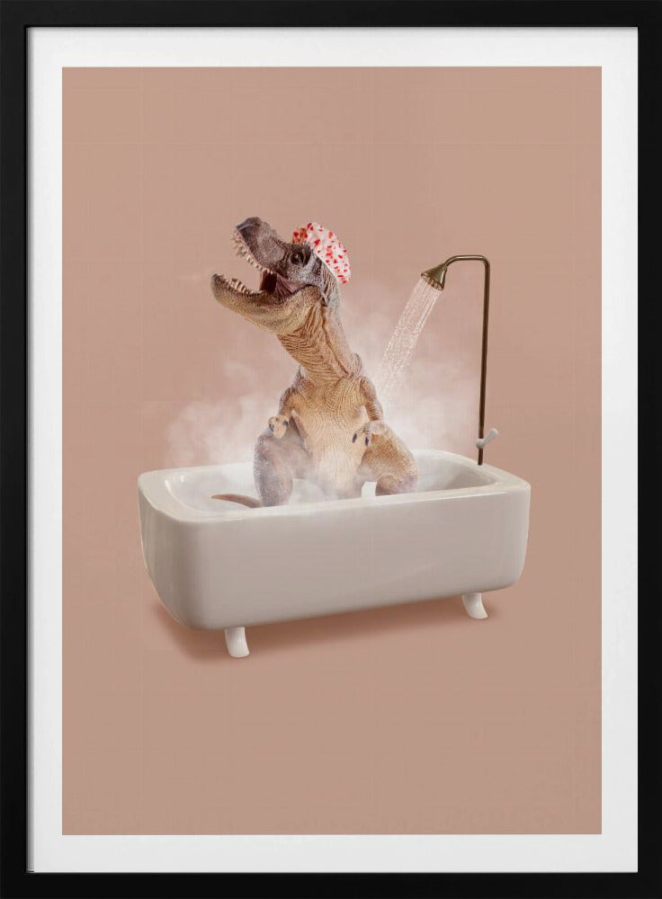 A humorous image of a Tyrannosaurus Rex wearing a red and white shower cap while taking a shower in a small white bathtub. The dinosaur has its head tilted back with its mouth open, enjoying the water, and is surrounded by steam against a dusty pink background. Print