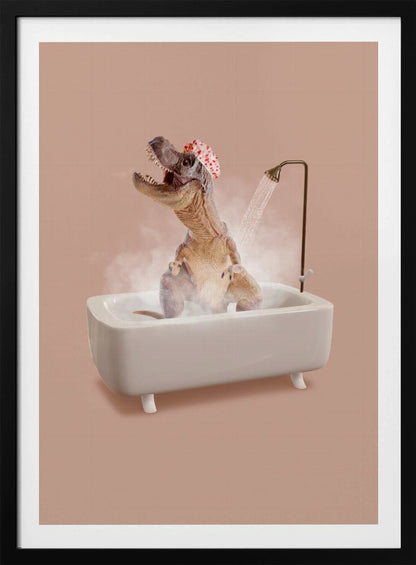 A humorous image of a Tyrannosaurus Rex wearing a red and white shower cap while taking a shower in a small white bathtub. The dinosaur has its head tilted back with its mouth open, enjoying the water, and is surrounded by steam against a dusty pink background. Print