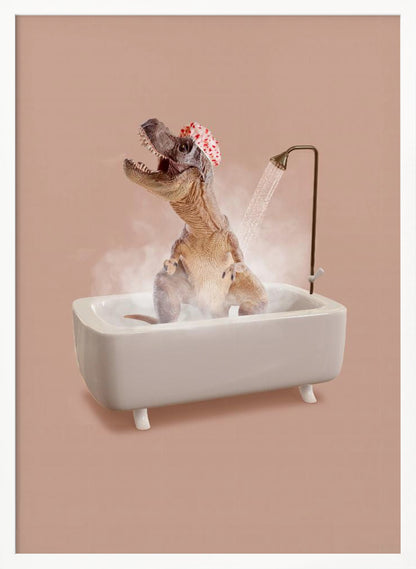 A humorous image of a Tyrannosaurus Rex wearing a red and white shower cap while taking a shower in a small white bathtub. The dinosaur has its head tilted back with its mouth open, enjoying the water, and is surrounded by steam against a dusty pink background. Print