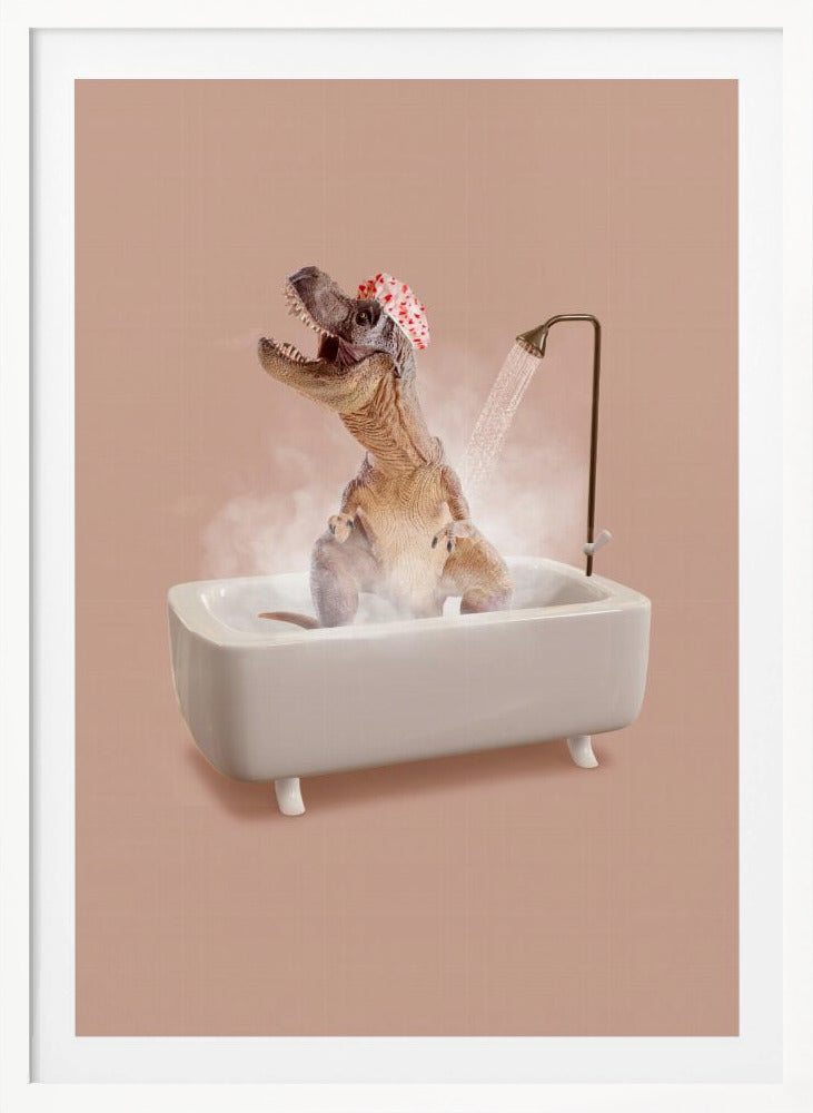 A humorous image of a Tyrannosaurus Rex wearing a red and white shower cap while taking a shower in a small white bathtub. The dinosaur has its head tilted back with its mouth open, enjoying the water, and is surrounded by steam against a dusty pink background. Print