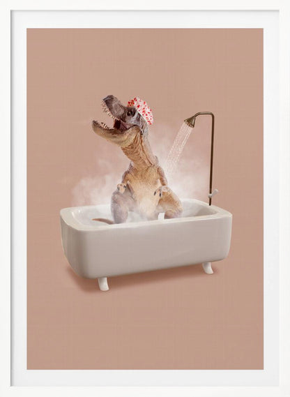 A humorous image of a Tyrannosaurus Rex wearing a red and white shower cap while taking a shower in a small white bathtub. The dinosaur has its head tilted back with its mouth open, enjoying the water, and is surrounded by steam against a dusty pink background. Print