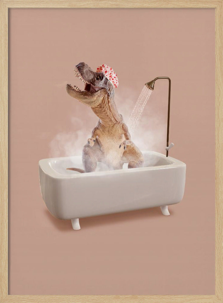 A humorous image of a Tyrannosaurus Rex wearing a red and white shower cap while taking a shower in a small white bathtub. The dinosaur has its head tilted back with its mouth open, enjoying the water, and is surrounded by steam against a dusty pink background. Print
