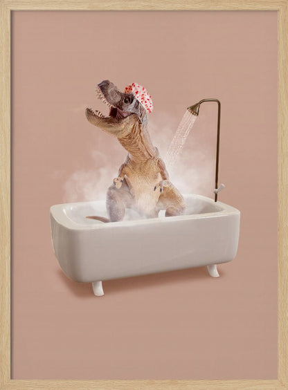 A humorous image of a Tyrannosaurus Rex wearing a red and white shower cap while taking a shower in a small white bathtub. The dinosaur has its head tilted back with its mouth open, enjoying the water, and is surrounded by steam against a dusty pink background. Print