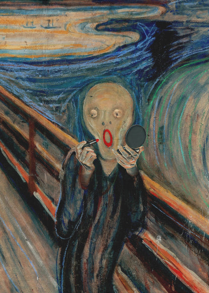 A humorous parody of Edvard Munch's 'The Scream,' where the iconic despairing figure is comically applying bright red lipstick while looking in a handheld mirror against the turbulent, colorful backdrop. Print