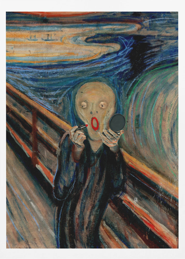 A humorous parody of Edvard Munch's 'The Scream,' where the iconic despairing figure is comically applying bright red lipstick while looking in a handheld mirror against the turbulent, colorful backdrop. Print