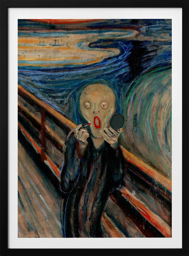 A humorous parody of Edvard Munch's 'The Scream,' where the iconic despairing figure is comically applying bright red lipstick while looking in a handheld mirror against the turbulent, colorful backdrop. Print